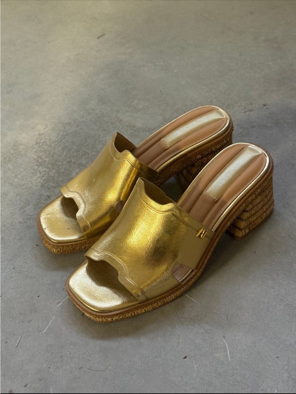 Franco Sarto Metallic Gold Slide Mules with Block Heel